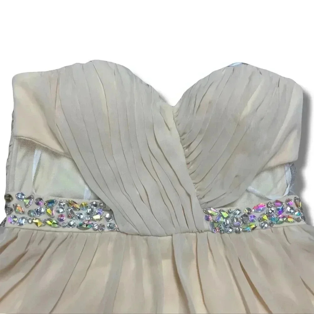MASQUERADE Beige Strapless Mini Prom Dress Beaded Waistband Sweetheart Size 3/4 - Picture 3 of 12